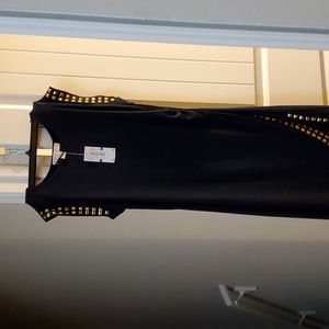 Navy blue dress with gold trim on sleeves, split and bottom of dress.